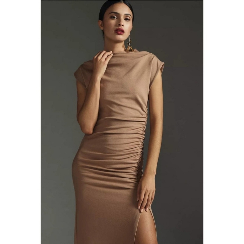 Anthropologie The Maya Ruched Cowl-Neck Midi Dress Cedar Taupe Size L  NWT